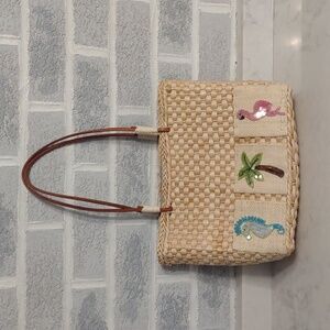 Women's Woven Husk Beach Beaded Sequin Cotton Blend Lined Tote Leather Handles